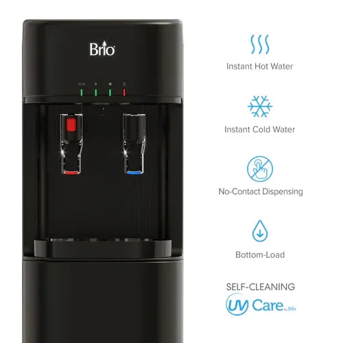 Black Brio water dispenser with instant hot & cold water, no-contact dispensing, bottom-load, UV self-cleaning