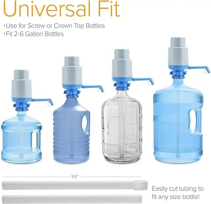 Universal water dispenser pump fits 2-6 gallon bottles, screw or crown top, adjustable tubing